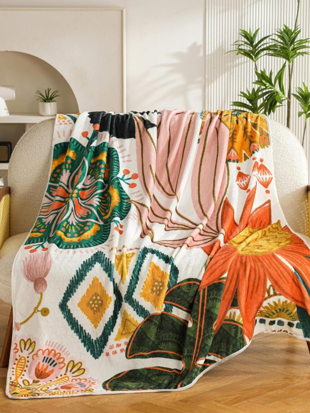 Boho Floral Flannel Fleece Throw Blanket – Soft, Warm & Lightweight Fuzzy Blanke